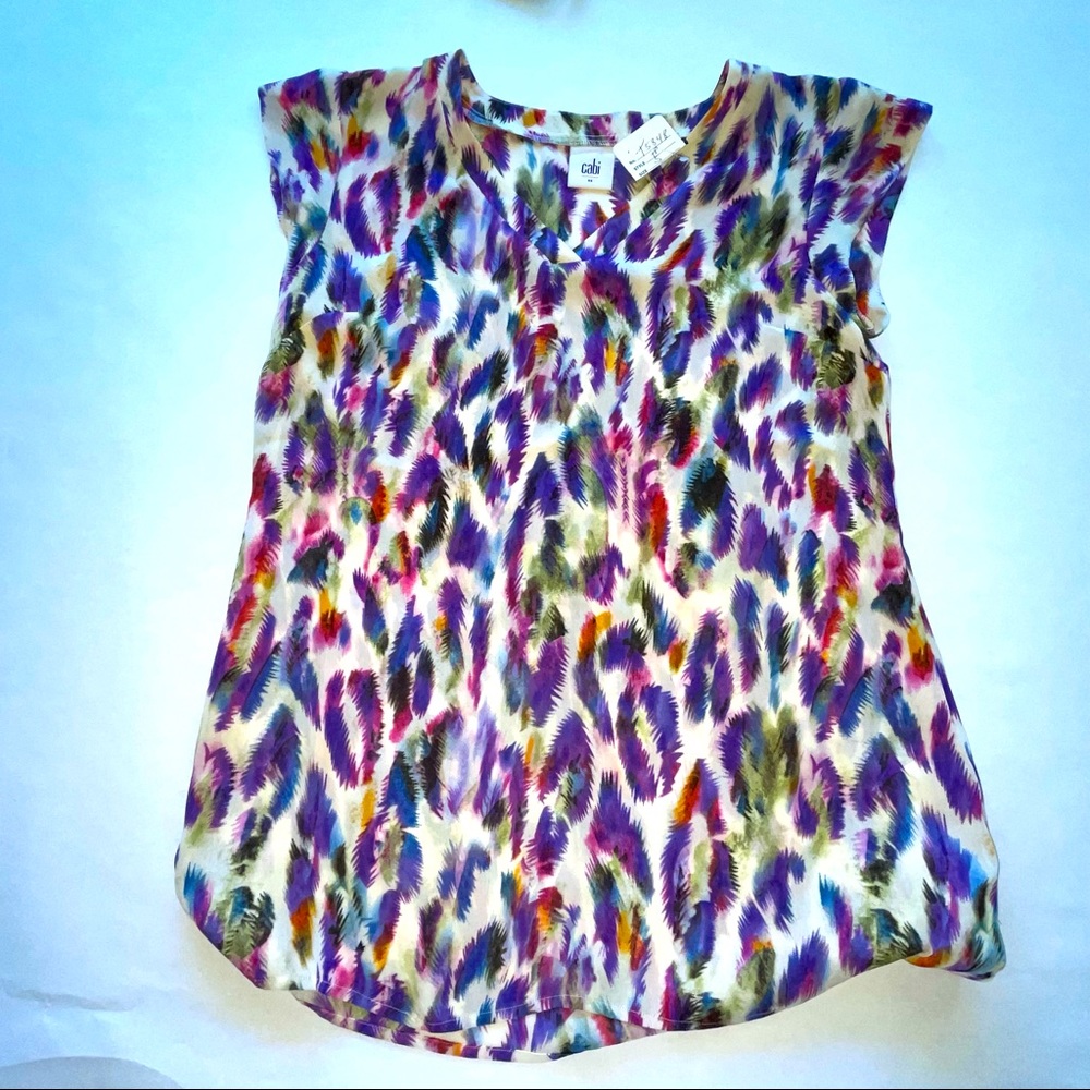 Cabi Cap Sleeve Satin Blouse Multicolored Feathers